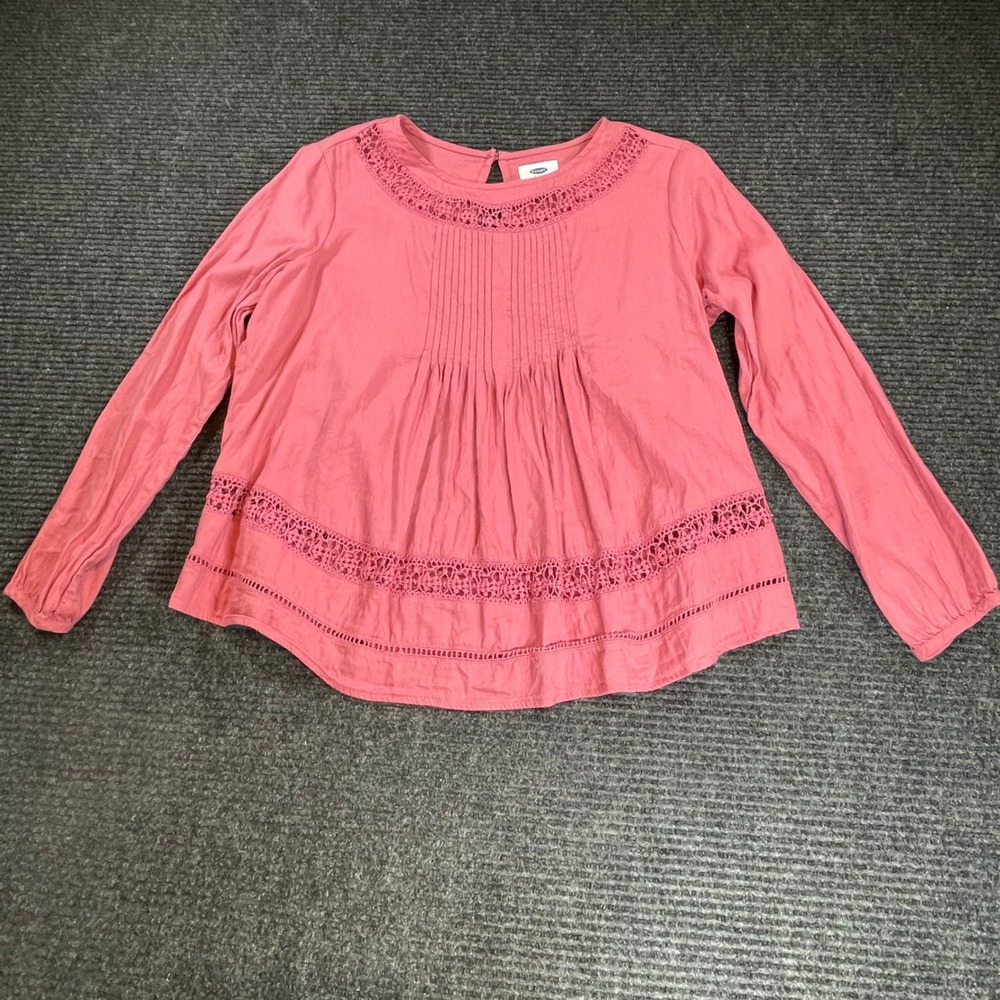 Old Navy Womens Pink Crochet Lace Pintuck Long Sleeve‎ Blouse Top Medium